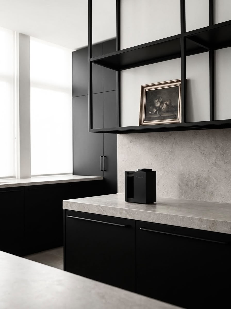 A Studio 1 diffuser on the counter of a dark modern kitchen